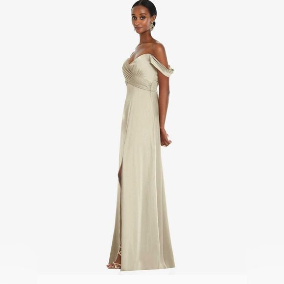 OFF-THE-SHOULDER FLOUNCE SLEEVE EMPIRE WAIST GOWN WITH FRONT SLIT IN CHAMPAGNE - Picture 2 of 16